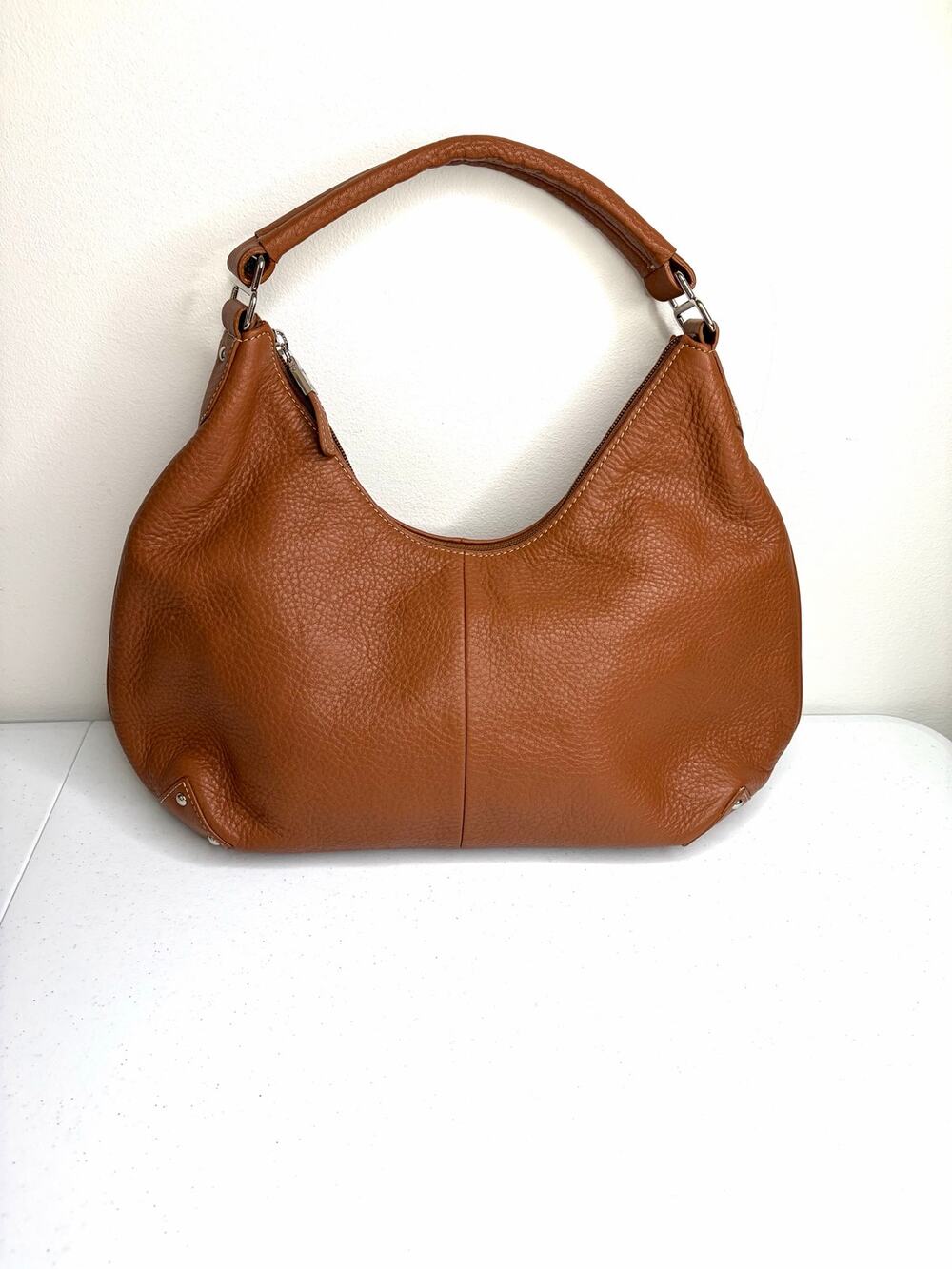 Talbots Pebbled Leather Shoulder Bag Purse Brown Preppy Chic Classic Neutral
